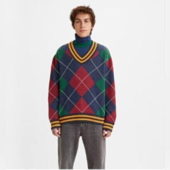 LEVI'S Preppy Argyle RETRO 90's Stay Loose Oversized V-Neck Sweater Sz Large - Picture 15 of 16